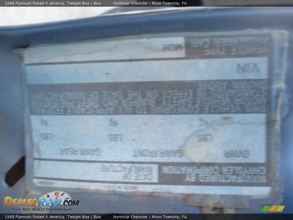 1988 Plymouth Reliant K America Twilight Blue / Blue Photo #15
