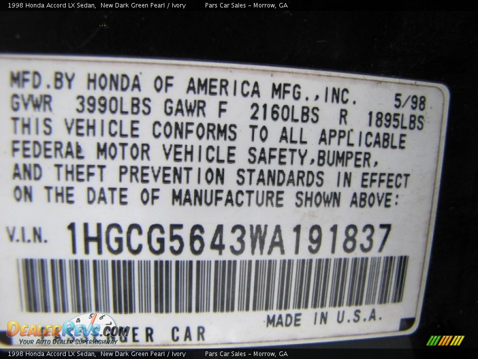 1998 Honda Accord LX Sedan New Dark Green Pearl / Ivory Photo #14