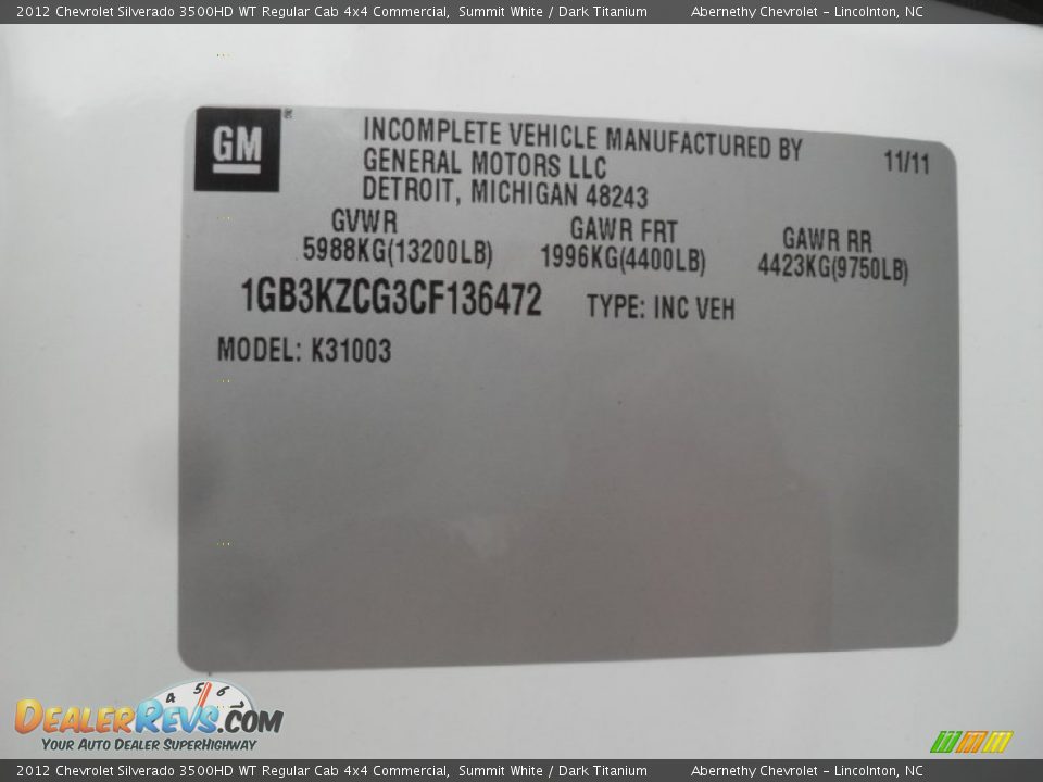 2012 Chevrolet Silverado 3500HD WT Regular Cab 4x4 Commercial Summit White / Dark Titanium Photo #6