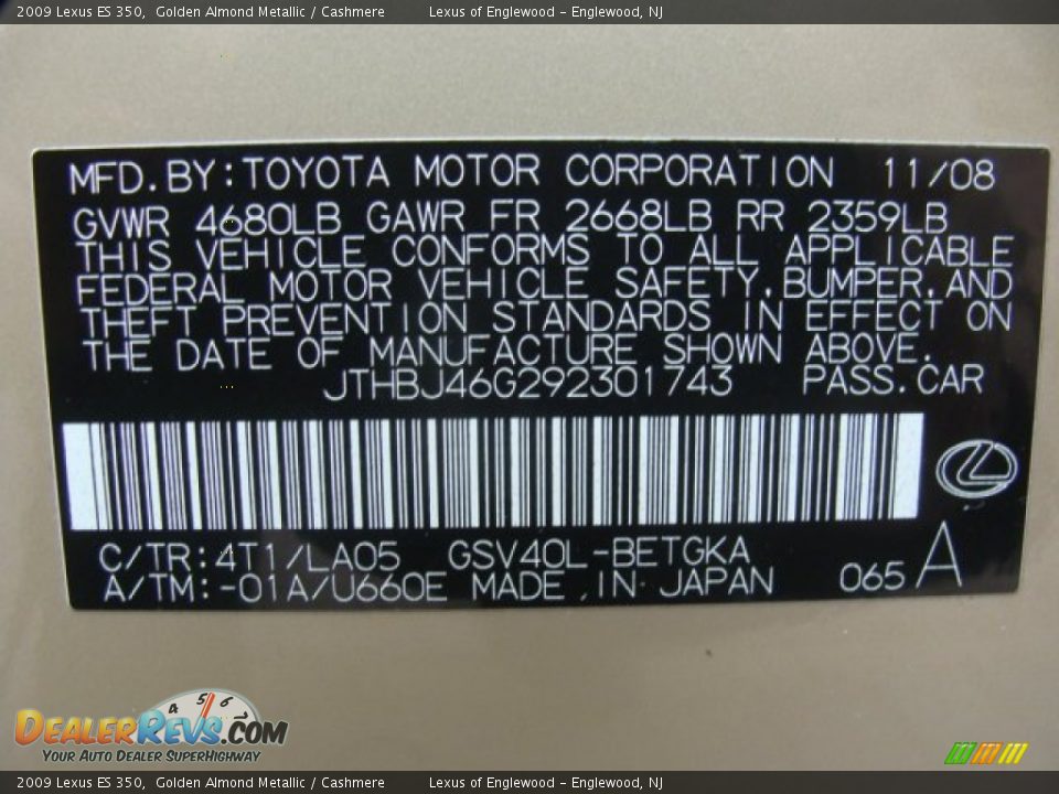 2009 Lexus ES 350 Golden Almond Metallic / Cashmere Photo #15