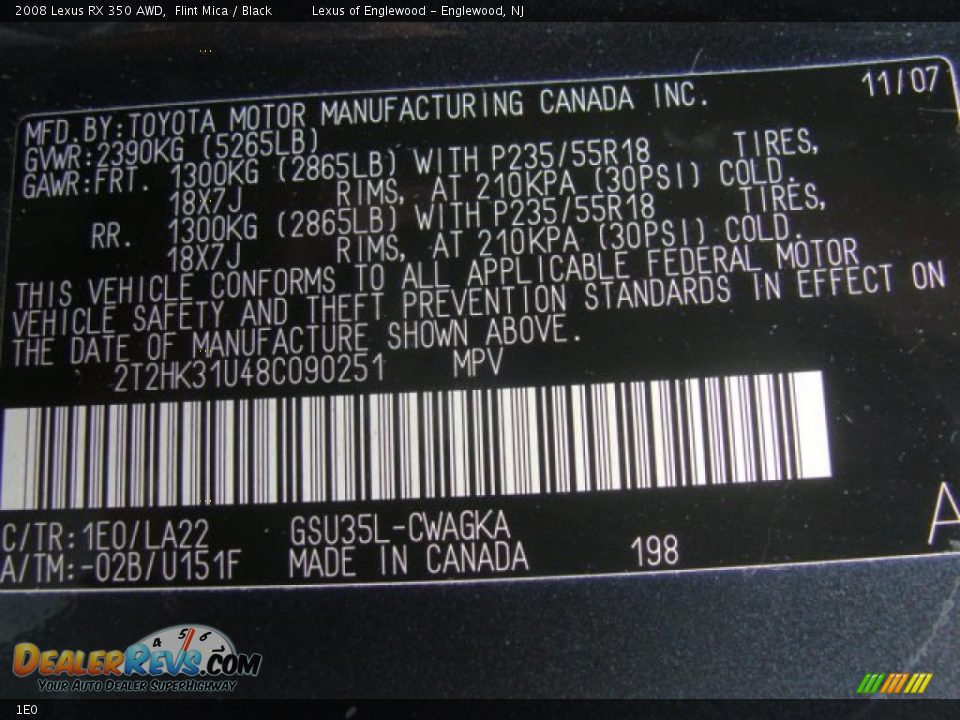 Lexus Color Code 1E0 Flint Mica