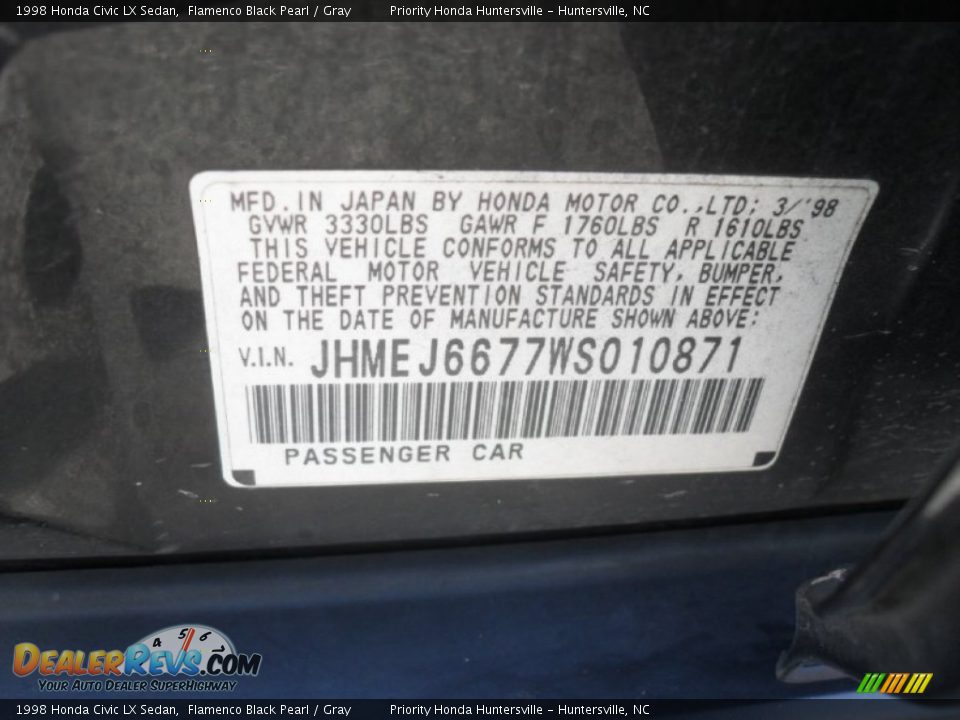 1998 Honda Civic LX Sedan Flamenco Black Pearl / Gray Photo #6