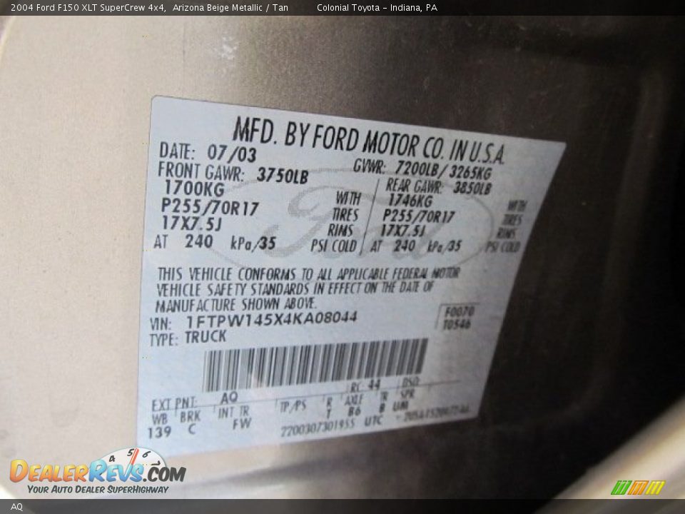 Ford Color Code AQ Arizona Beige Metallic