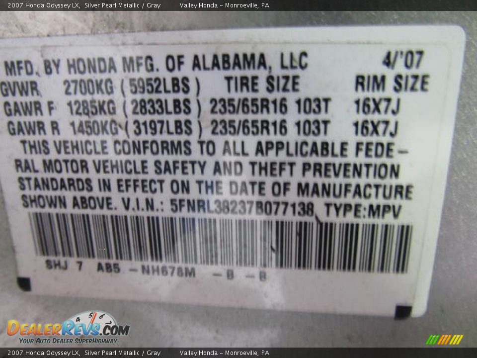 2007 Honda Odyssey LX Silver Pearl Metallic / Gray Photo #14