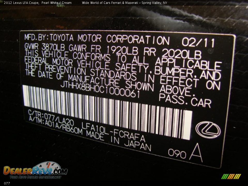 Lexus Color Code 077 Pearl White