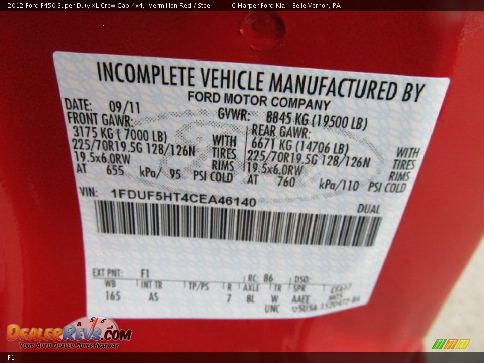 Ford Color Code F1 Vermillion Red