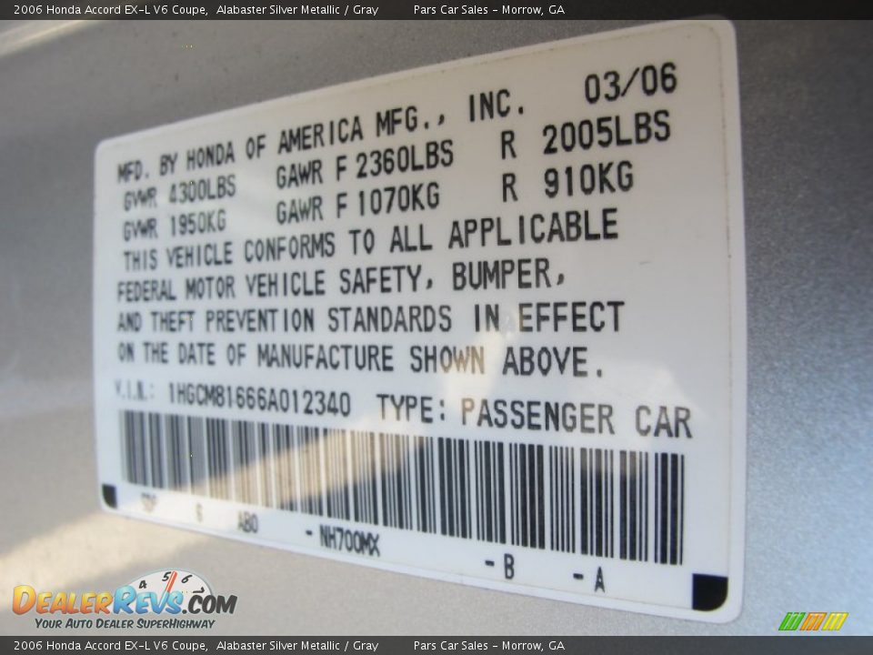 2006 Honda Accord EX-L V6 Coupe Alabaster Silver Metallic / Gray Photo #13