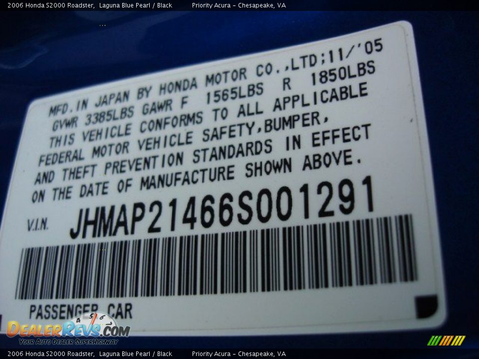 Info Tag of 2006 Honda S2000 Roadster Photo #30