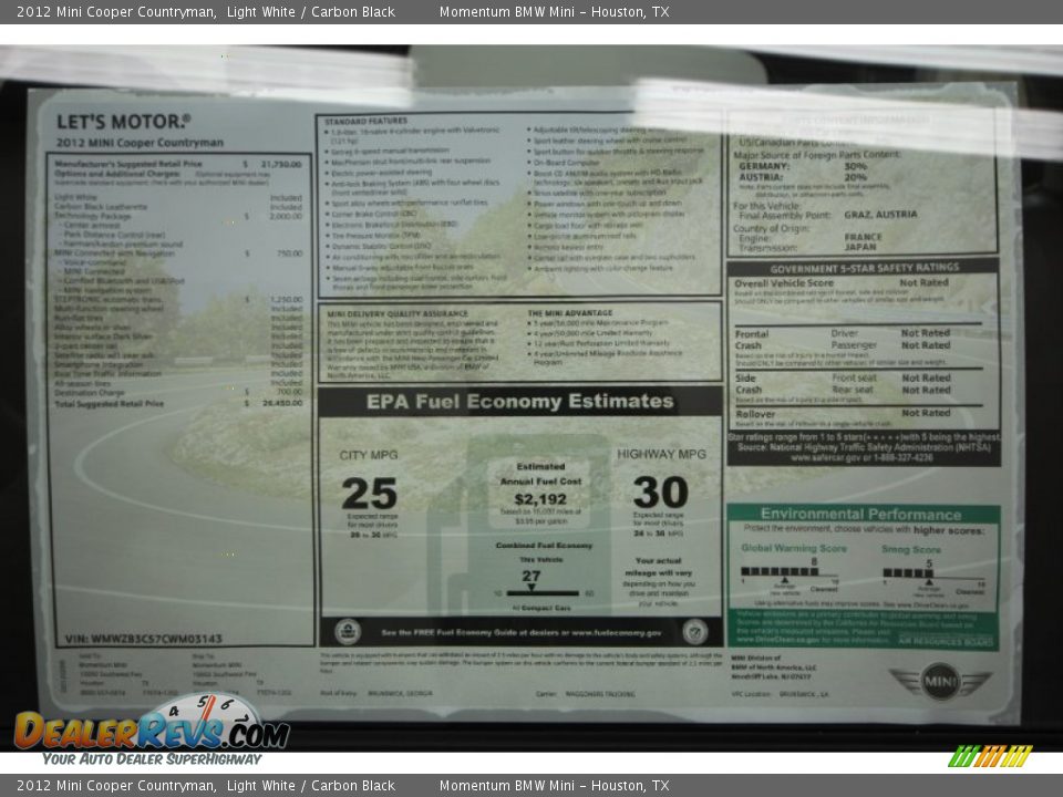 2012 Mini Cooper Countryman Window Sticker Photo #26