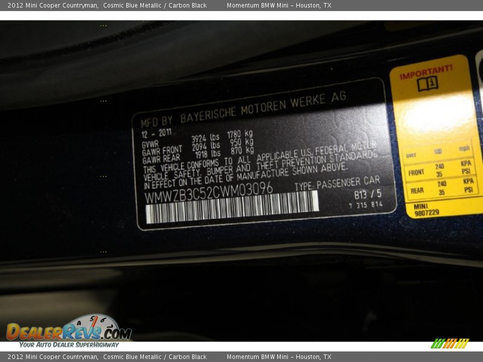 2012 Mini Cooper Countryman Cosmic Blue Metallic / Carbon Black Photo #10