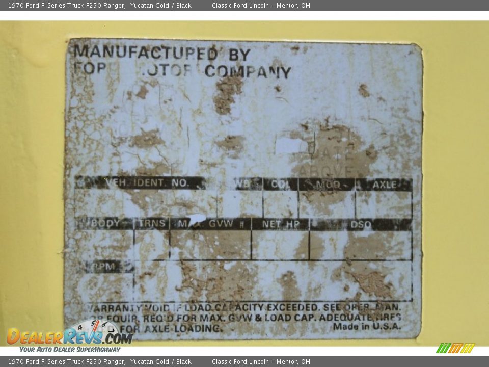 Info Tag of 1970 Ford F-Series Truck F250 Ranger Photo #31