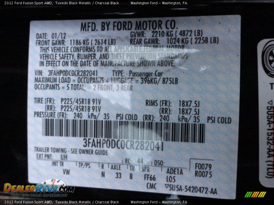 2012 Ford Fusion Sport AWD Tuxedo Black Metallic / Charcoal Black Photo #15