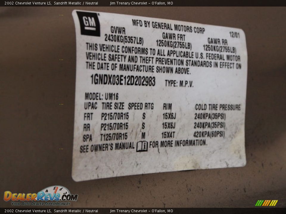 2002 Chevrolet Venture LS Sandrift Metallic / Neutral Photo #7