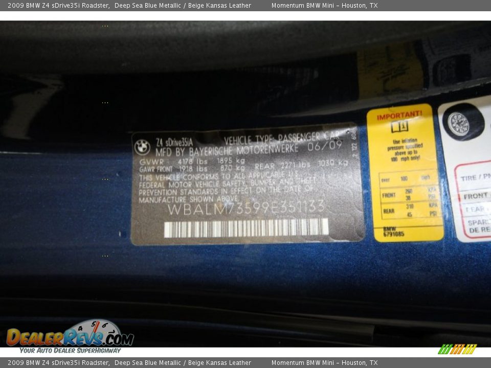 Info Tag of 2009 BMW Z4 sDrive35i Roadster Photo #10