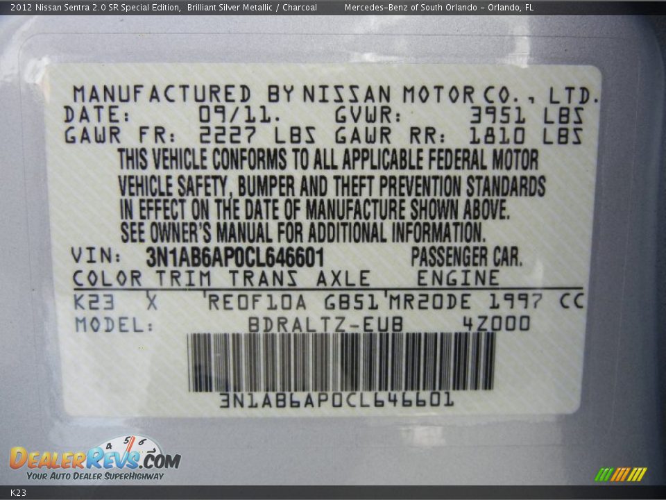 Nissan Color Code K23 Brilliant Silver Metallic