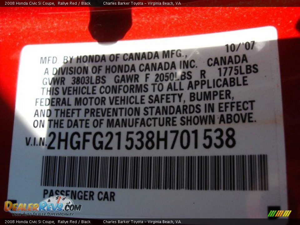 2008 Honda Civic Si Coupe Rallye Red / Black Photo #24