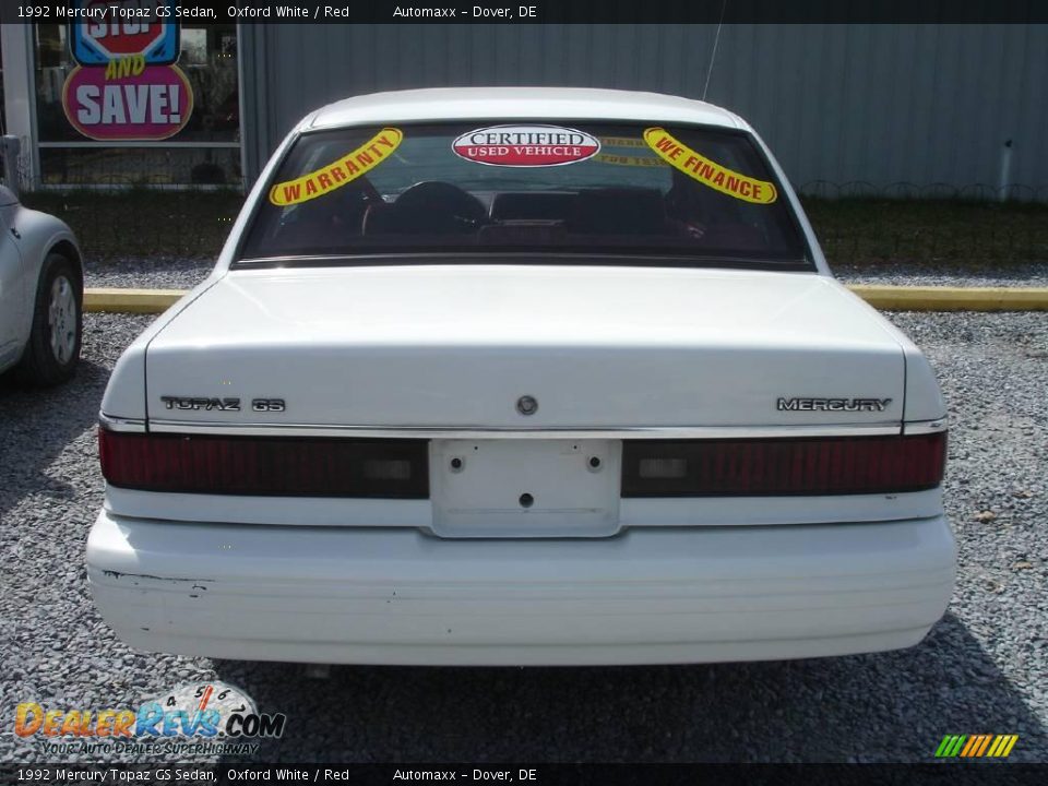 1992 Mercury Topaz GS Sedan Oxford White / Red Photo #6