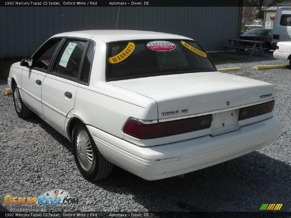 1992 Mercury Topaz GS Sedan Oxford White / Red Photo #7
