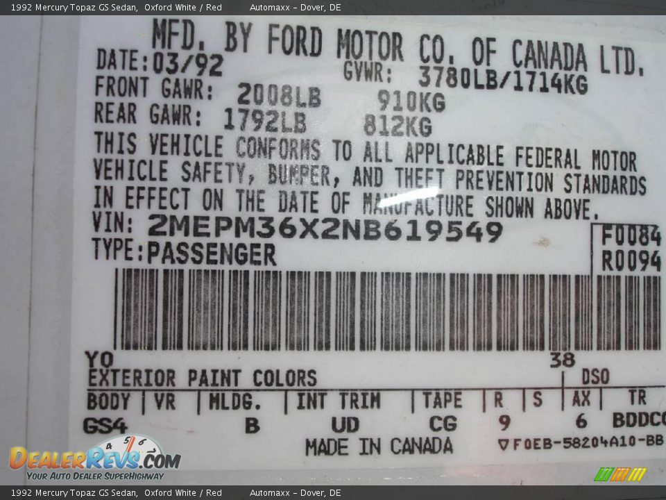 1992 Mercury Topaz GS Sedan Oxford White / Red Photo #28