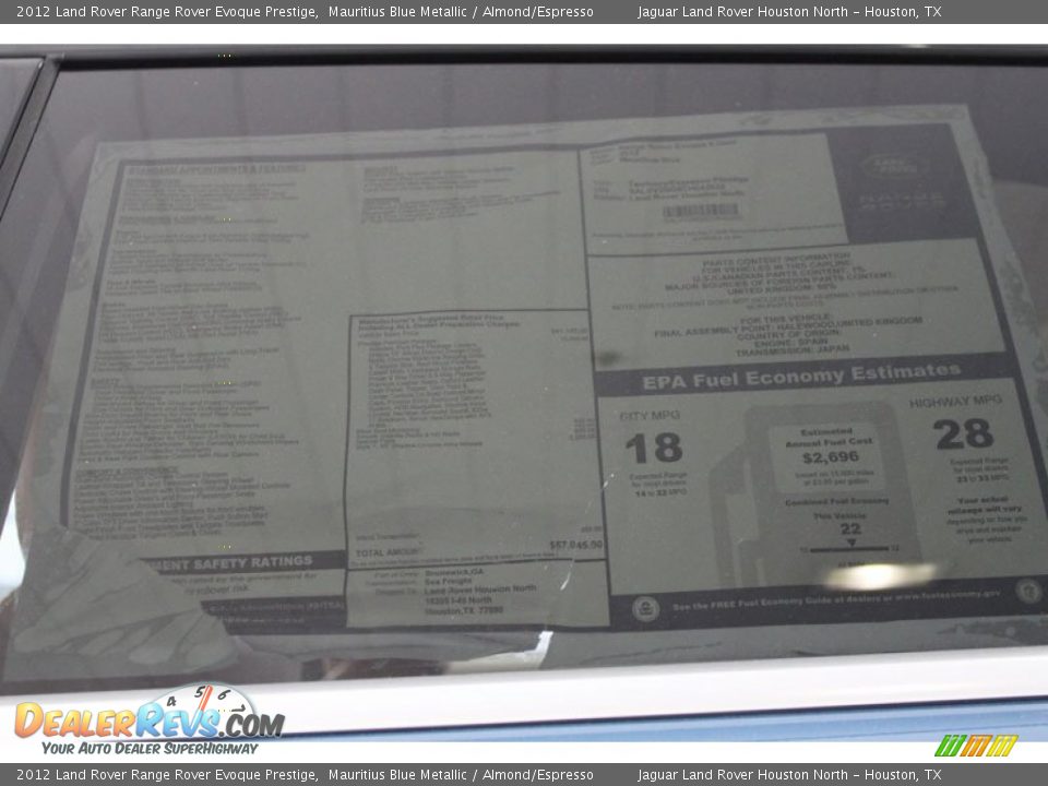 2012 Land Rover Range Rover Evoque Prestige Mauritius Blue Metallic / Almond/Espresso Photo #25