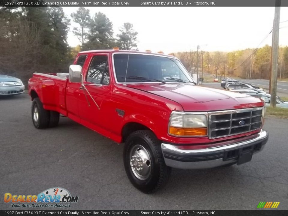 1997 Ford F350 XLT Extended Cab Dually Vermillion Red / Opal Grey Photo #1