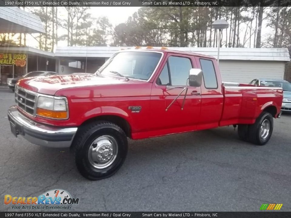1997 Ford F350 XLT Extended Cab Dually Vermillion Red / Opal Grey Photo #8