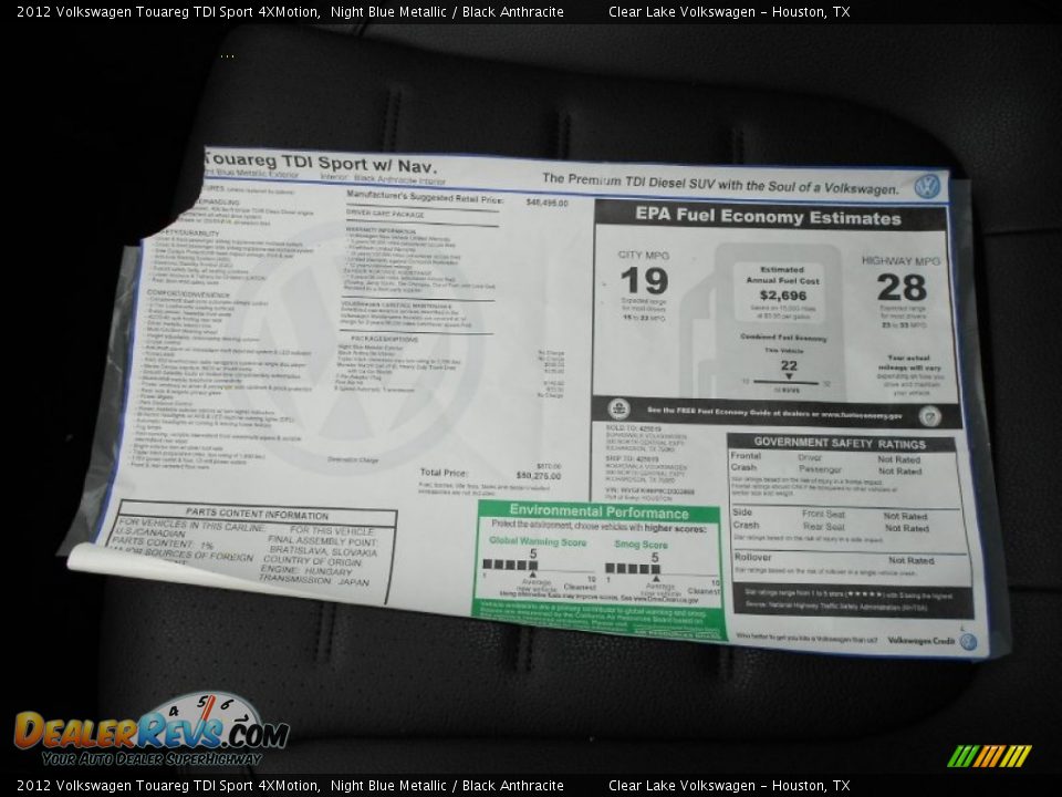 2012 Volkswagen Touareg TDI Sport 4XMotion Night Blue Metallic / Black Anthracite Photo #22