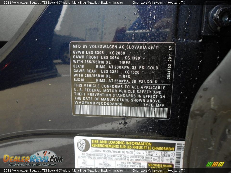 2012 Volkswagen Touareg TDI Sport 4XMotion Night Blue Metallic / Black Anthracite Photo #23