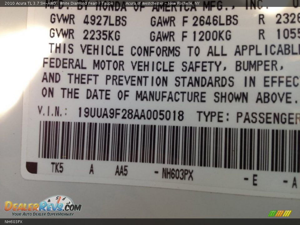 Acura Color Code NH603PX White Diamond Pearl