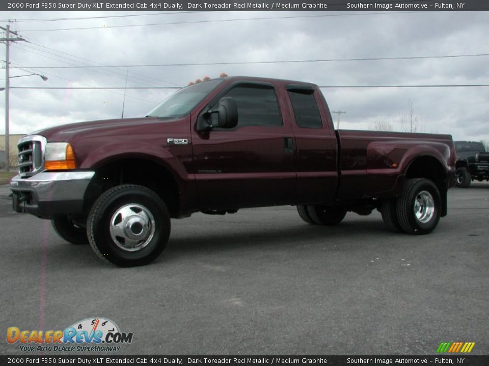 2000 Ford F350 Super Duty XLT Extended Cab 4x4 Dually Dark Toreador Red Metallic / Medium Graphite Photo #2
