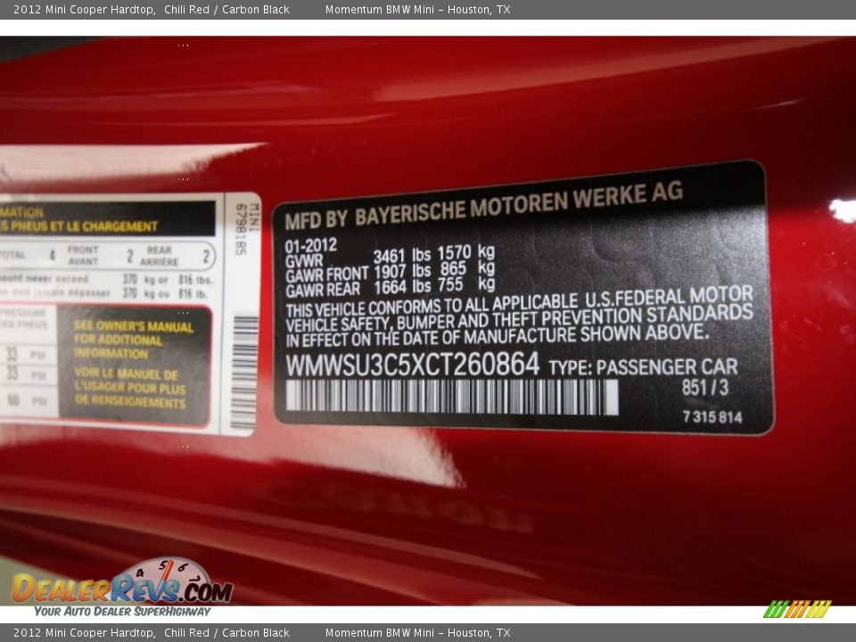 2012 Mini Cooper Hardtop Chili Red / Carbon Black Photo #10