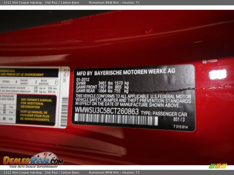 2012 Mini Cooper Hardtop Chili Red / Carbon Black Photo #10