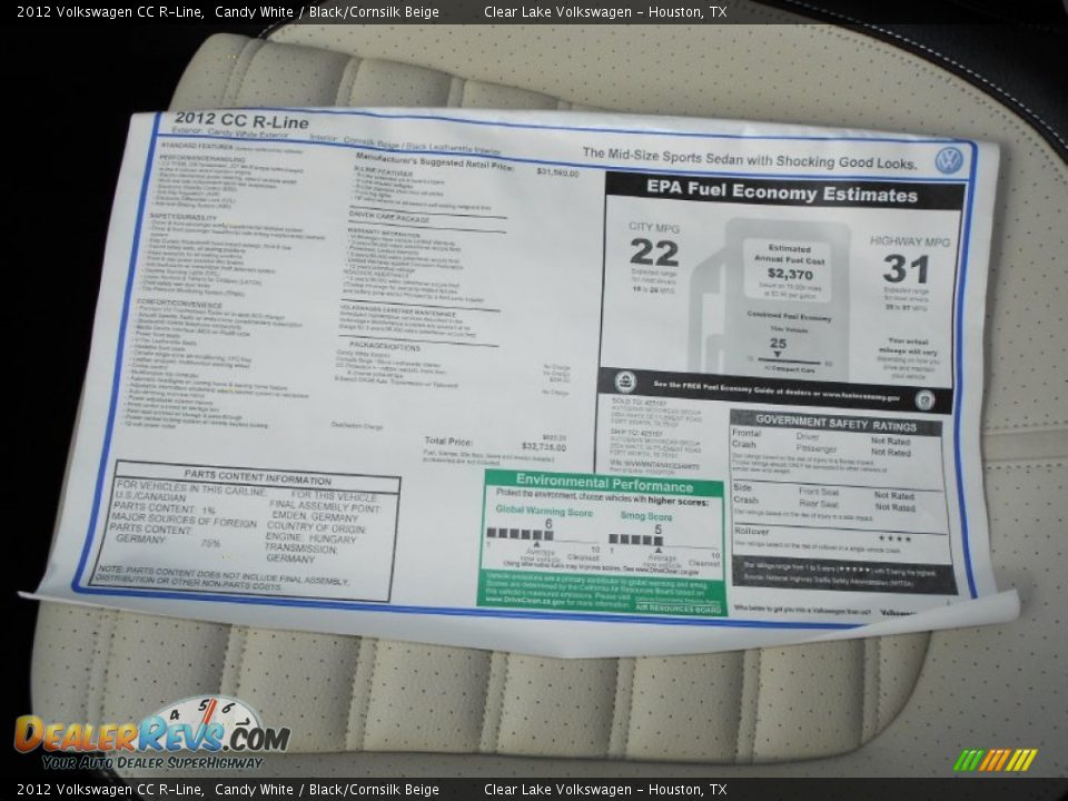 2012 Volkswagen CC R-Line Window Sticker Photo #21