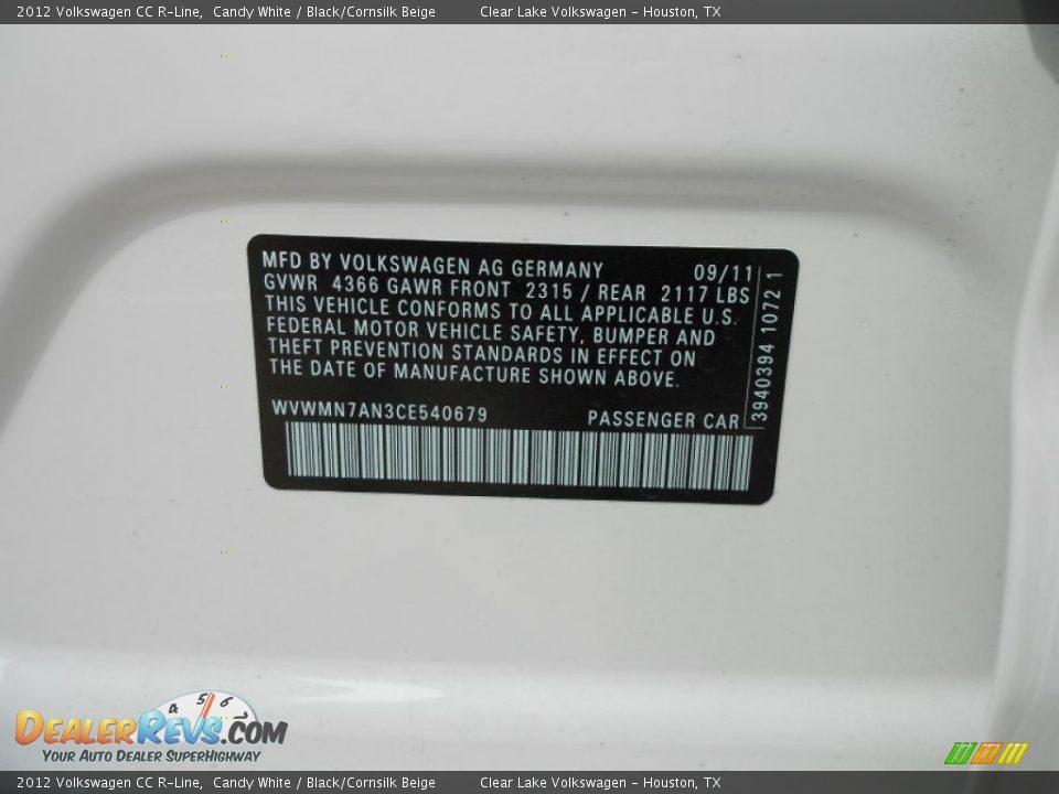 2012 Volkswagen CC R-Line Candy White / Black/Cornsilk Beige Photo #23