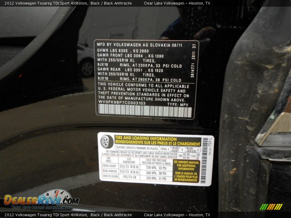 2012 Volkswagen Touareg TDI Sport 4XMotion Black / Black Anthracite Photo #23