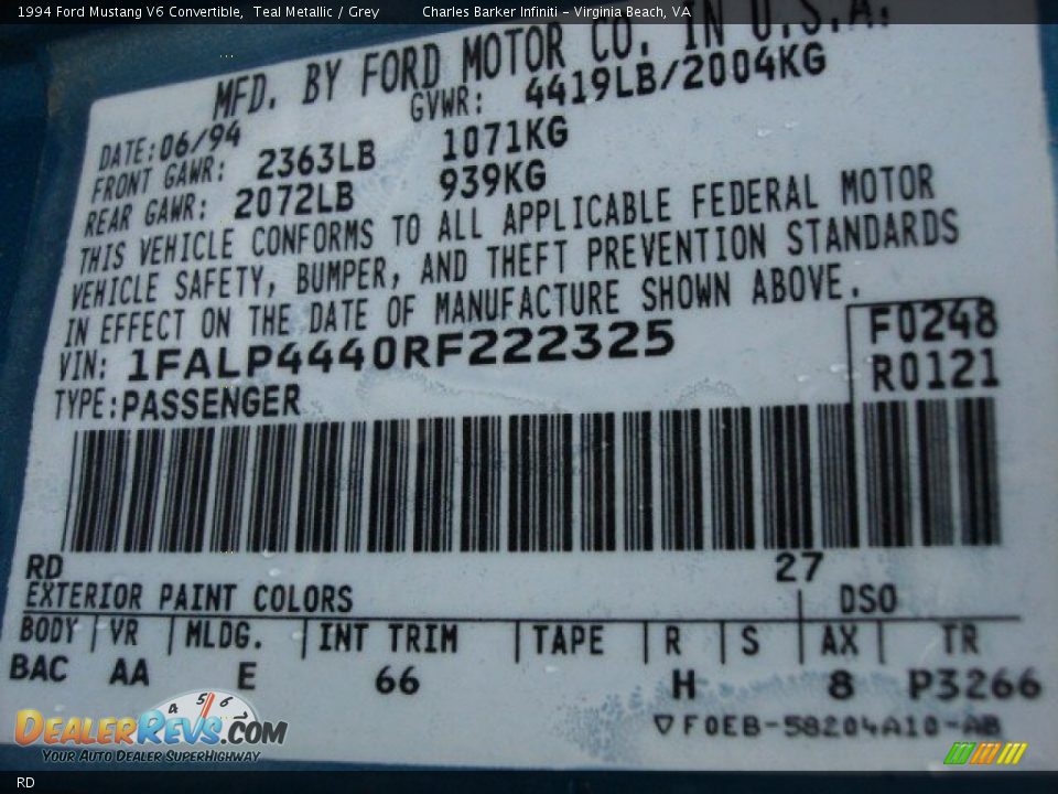 Ford Color Code RD Teal Metallic