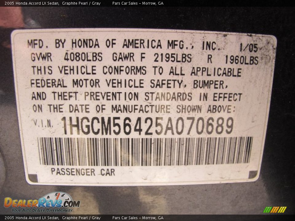 2005 Honda Accord LX Sedan Graphite Pearl / Gray Photo #13