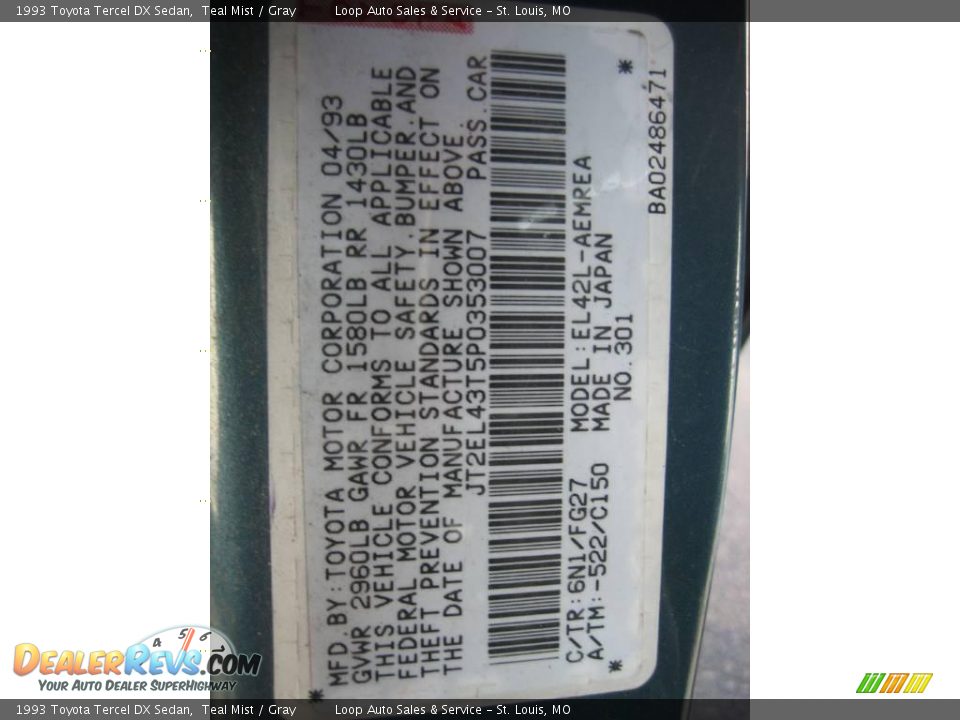 1993 Toyota Tercel DX Sedan Teal Mist / Gray Photo #36