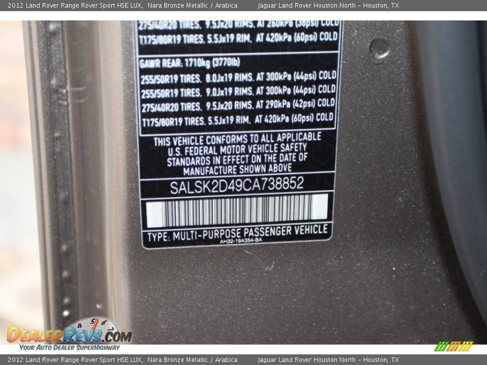 Info Tag of 2012 Land Rover Range Rover Sport HSE LUX Photo #24