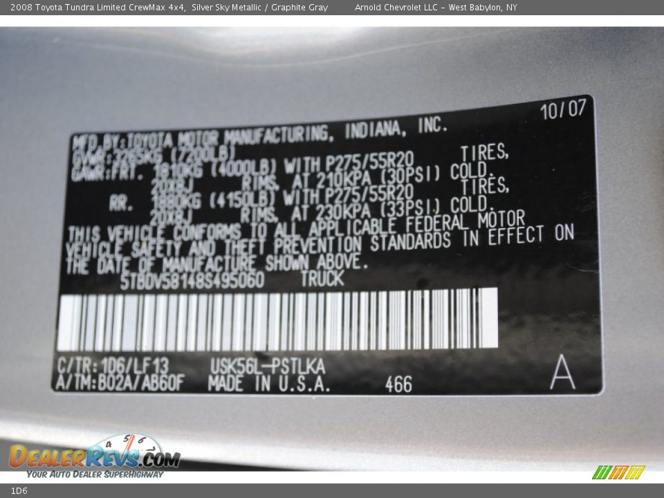 Toyota Color Code 1D6 Silver Sky Metallic