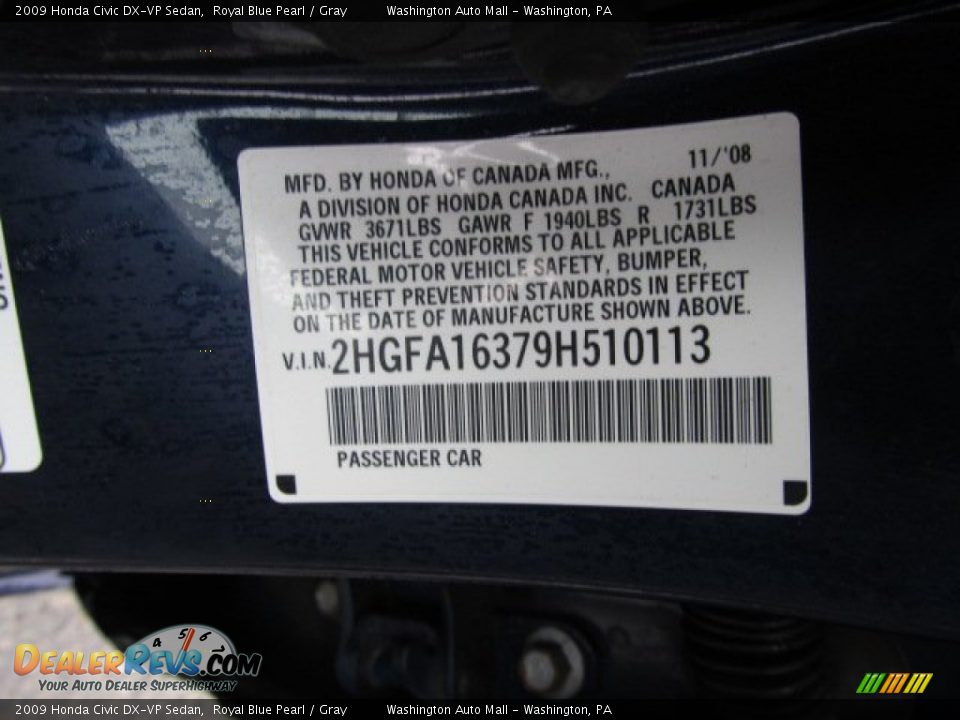 2009 Honda Civic DX-VP Sedan Royal Blue Pearl / Gray Photo #19