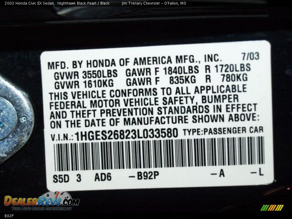 Honda Color Code B92P Nighthawk Black Pearl