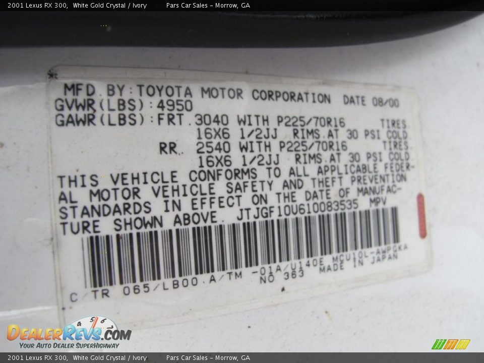 2001 Lexus RX 300 White Gold Crystal / Ivory Photo #16