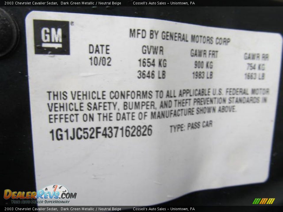 2003 Chevrolet Cavalier Sedan Dark Green Metallic / Neutral Beige Photo #14