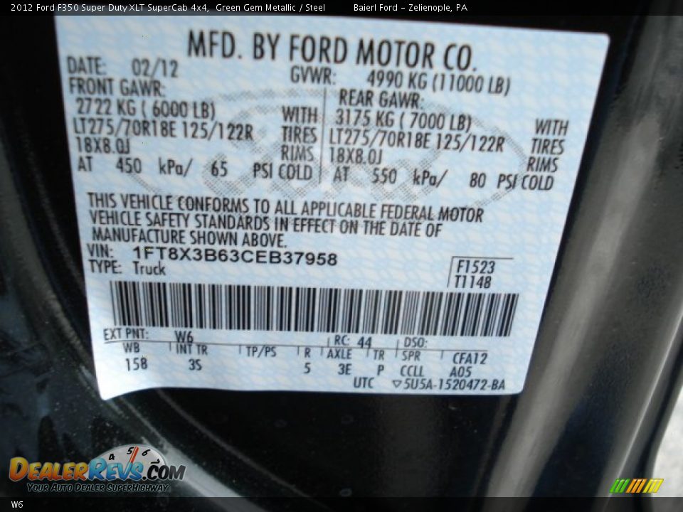 Ford Color Code W6 Green Gem Metallic
