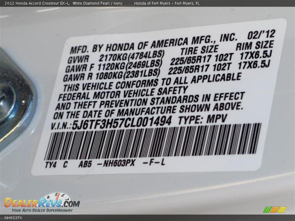 Honda Color Code NH603PX White Diamond Pearl