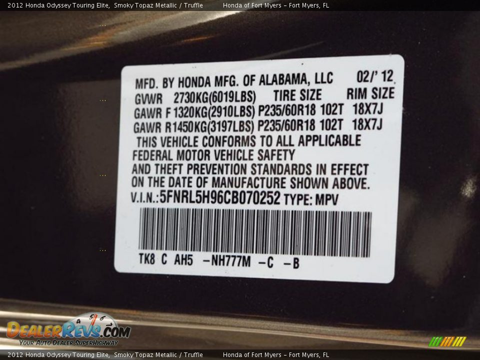 2012 Honda Odyssey Touring Elite Smoky Topaz Metallic / Truffle Photo #10