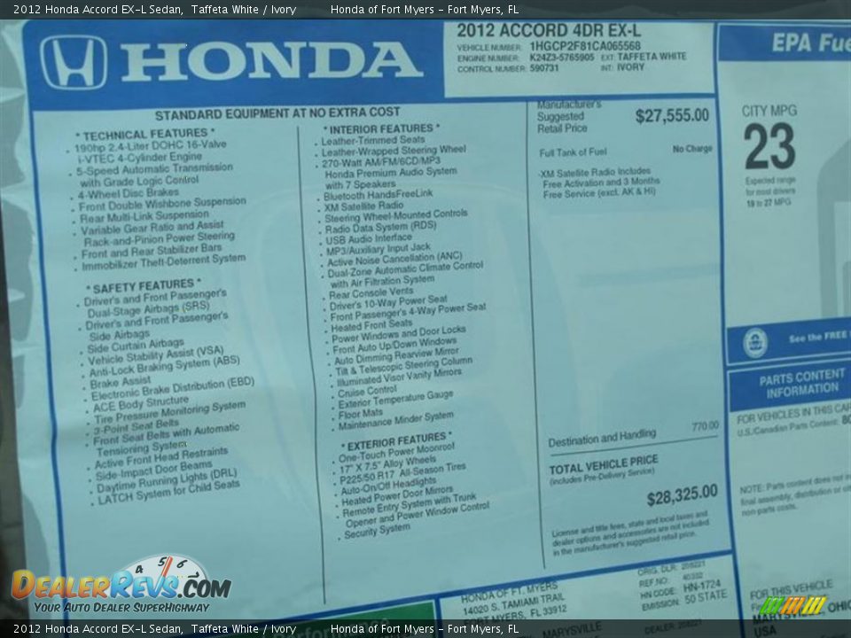 2012 Honda Accord EX-L Sedan Taffeta White / Ivory Photo #9