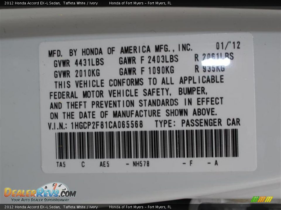 2012 Honda Accord EX-L Sedan Taffeta White / Ivory Photo #10