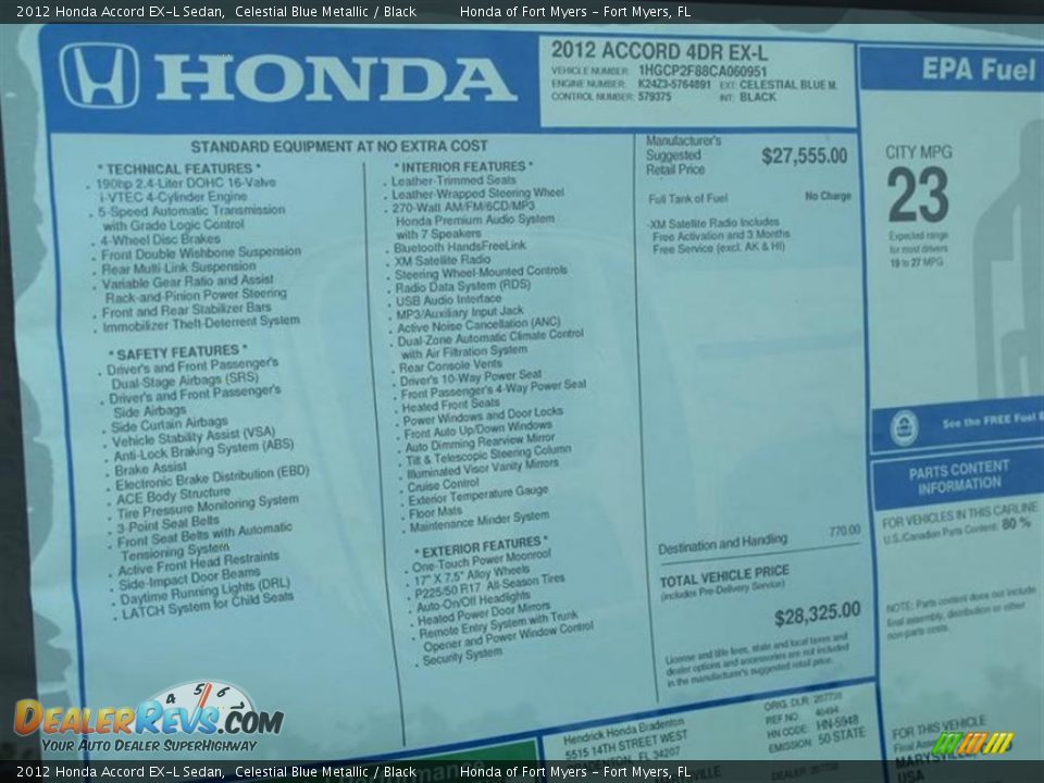 2012 Honda Accord EX-L Sedan Window Sticker Photo #9